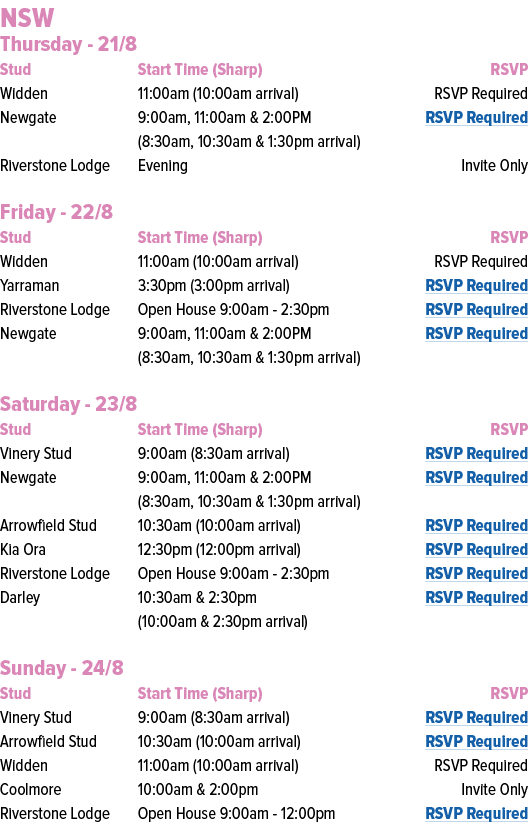 NSW Thursday 21/8 Stud Start Time (Sharp) RSVP Widden 11:00am (10:00am arrival) RSVP Required Newgate 9:00am, 11:00am...