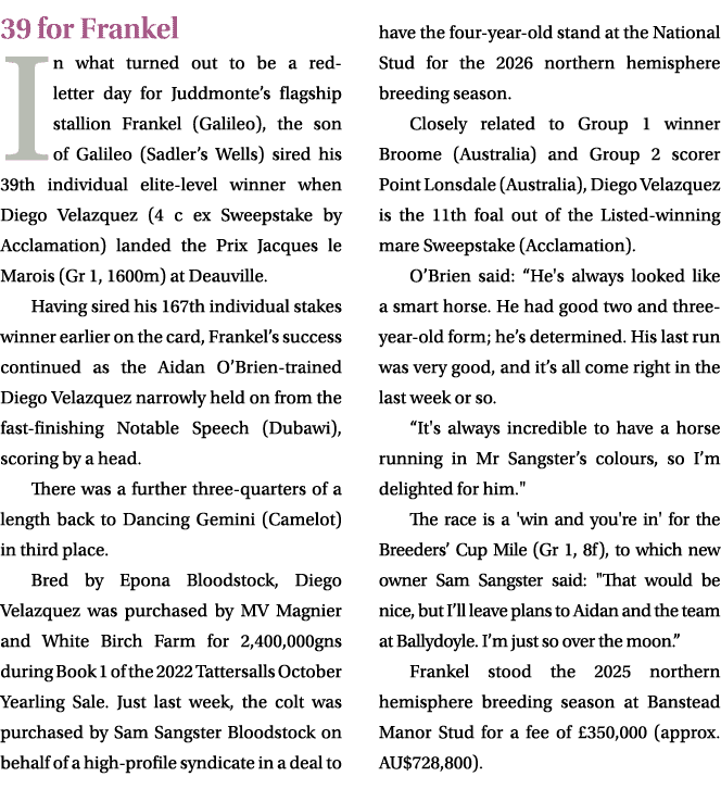 39 for Frankel In what turned out to be a red letter day for Juddmonte’s flagship stallion Frankel (Galileo), the son...