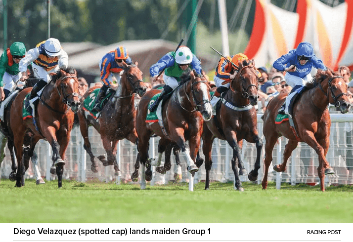 Diego Velazquez (spotted cap) lands maiden Group 1 racing pos