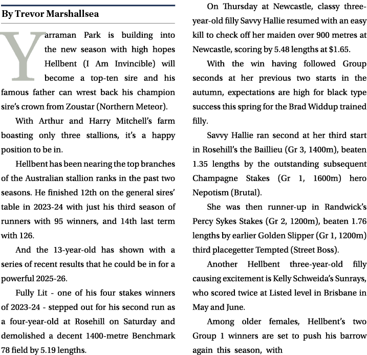 ￼ Yarraman Park is building into the new season with high hopes Hellbent (I Am Invincible) will become a top ten sire...