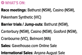 ￼ What's on: Race meetings: Bathurst (NSW), Casino (NSW), Pakenham Synthetic (VIC) Barrier trials / Jump outs: Bathur...