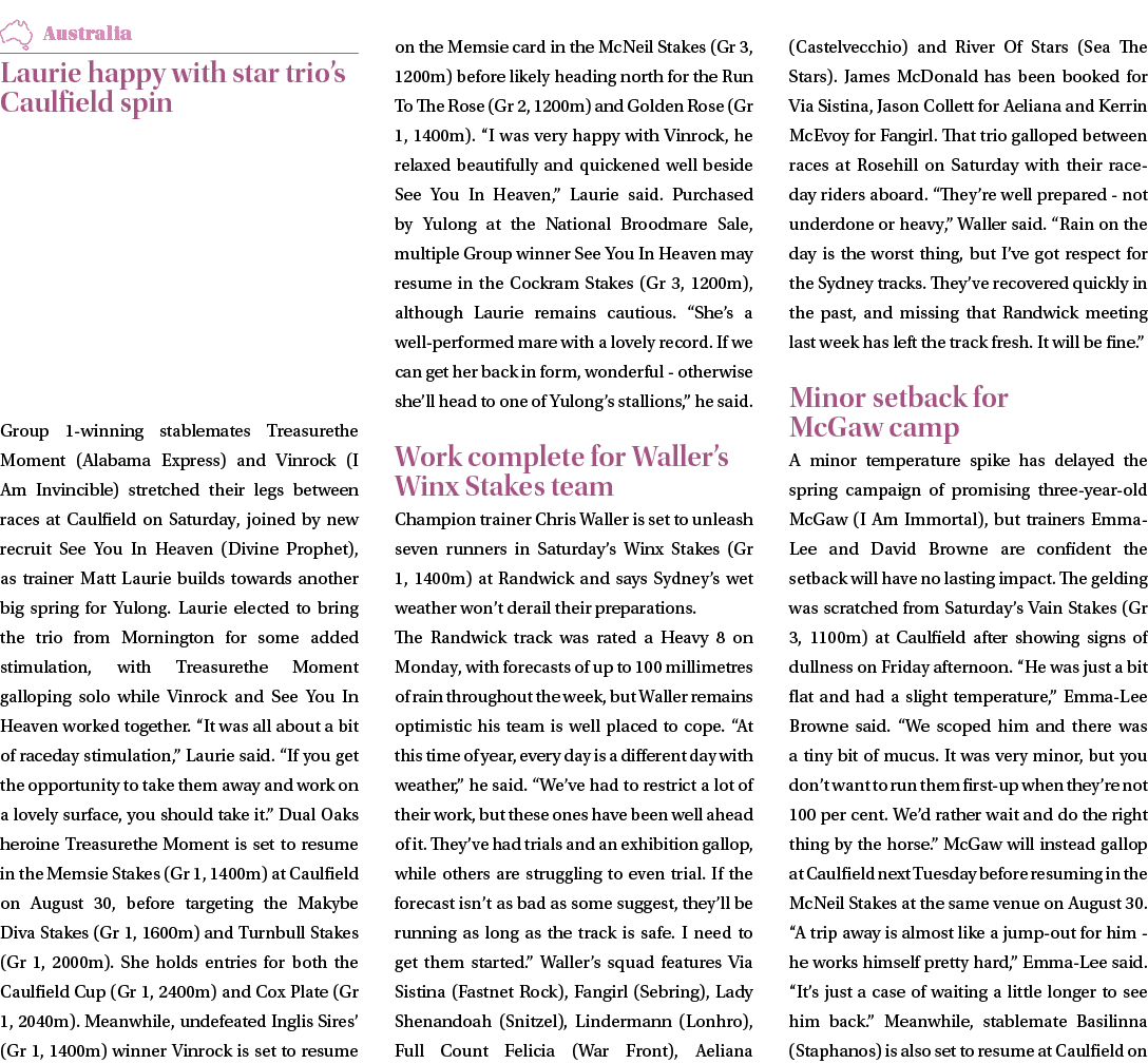 ￼ Laurie happy with star trio’s Caulfield spin Group 1 winning stablemates Treasurethe Moment (Alabama Express) and V...