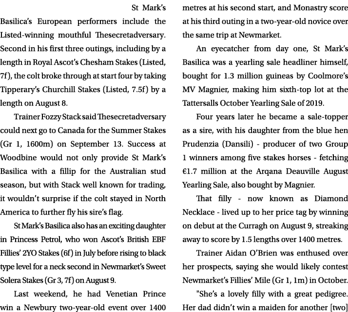  St Mark’s Basilica’s European performers include the Listed winning mouthful Thesecretadversary. Second in his first...