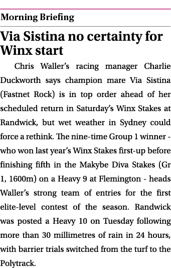  ￼ Via Sistina no certainty for Winx start Chris Waller’s racing manager Charlie Duckworth says champion mare Via Sis...