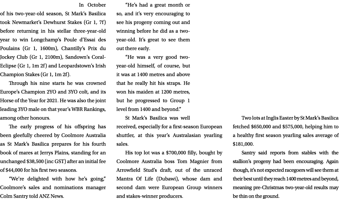 In October of his two year old season, St Mark’s Basilica took Newmarket’s Dewhurst Stakes (Gr 1, 7f) before returnin...