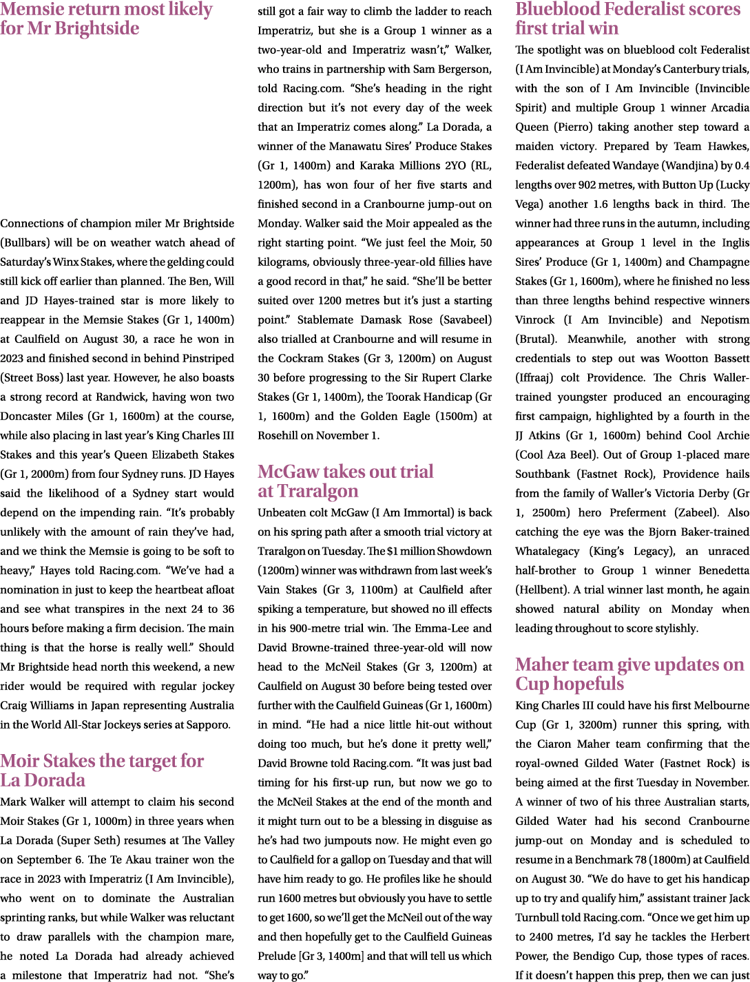 Memsie return most likely for Mr Brightside Connections of champion miler Mr Brightside (Bullbars) will be on weather...
