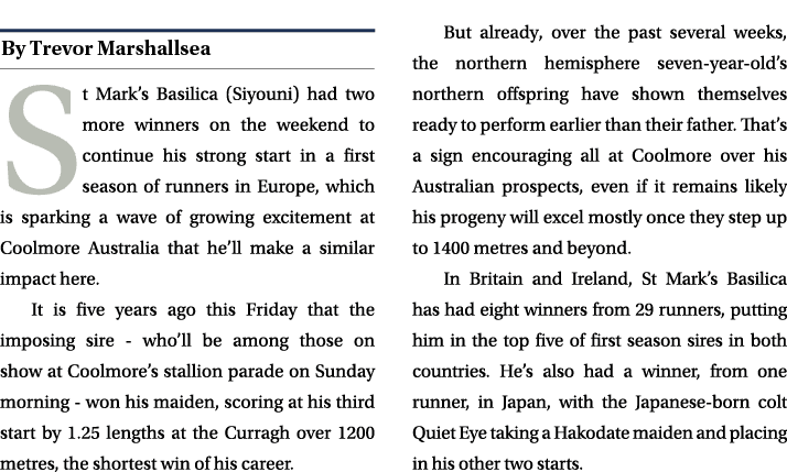 ￼ St Mark’s Basilica (Siyouni) had two more winners on the weekend to continue his strong start in a first season of ...