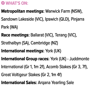 ￼ What's on: Metropolitan meetings: Warwick Farm (NSW), Sandown Lakeside (VIC), Ipswich (QLD), Pinjarra Park (WA) Rac...