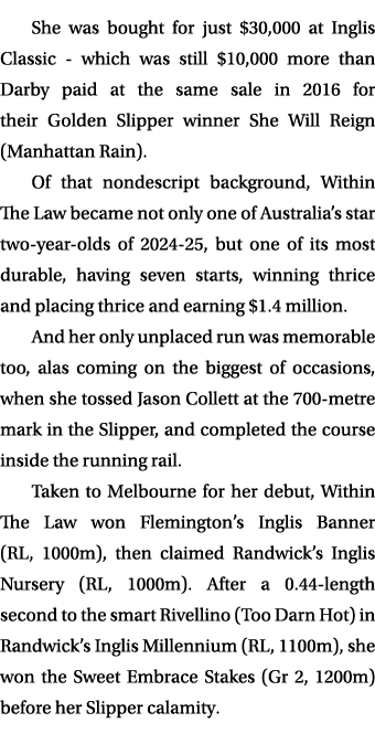She was bought for just $30,000 at Inglis Classic which was still $10,000 more than Darby paid at the same sale in 20...