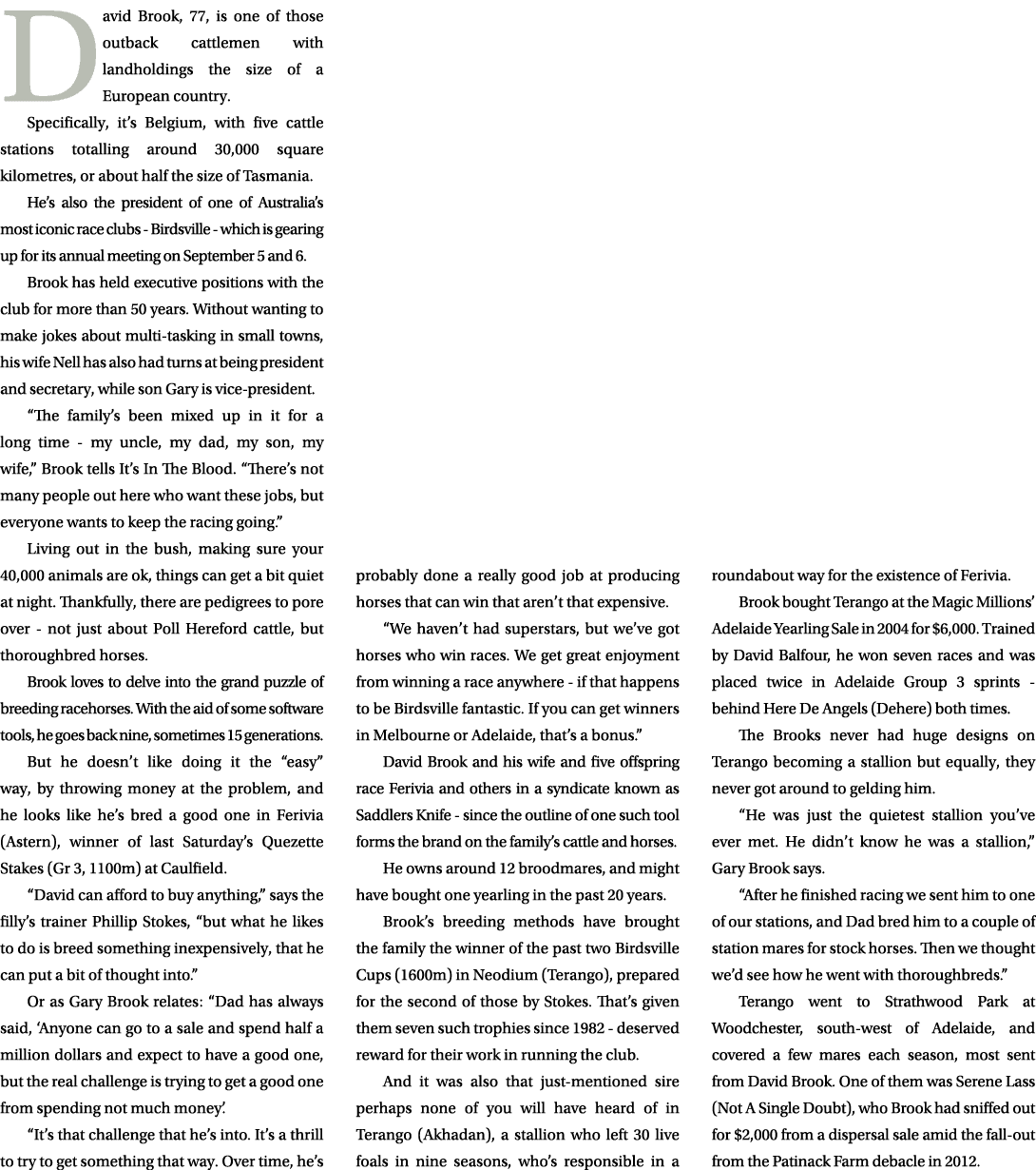 David Brook, 77, is one of those outback cattlemen with landholdings the size of a European country. Specifically, it...