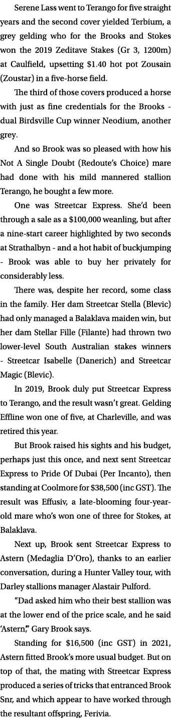 Serene Lass went to Terango for five straight years and the second cover yielded Terbium, a grey gelding who for the ...