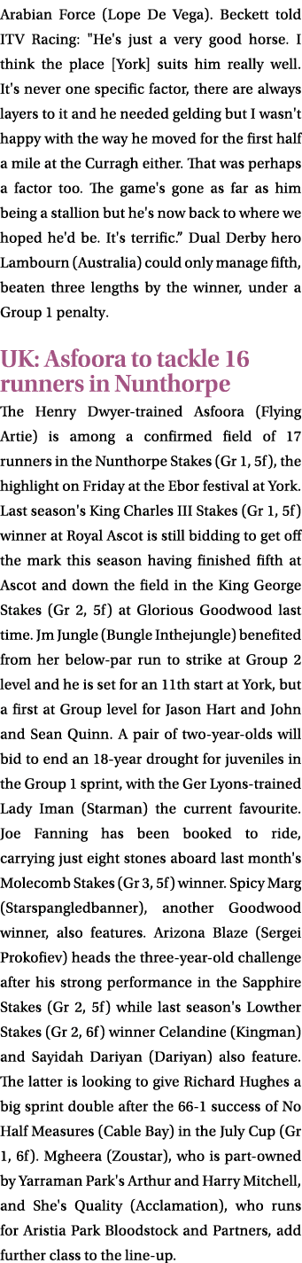 Arabian Force (Lope De Vega). Beckett told ITV Racing: \“He's just a very good horse. I think the place [York] suits ...