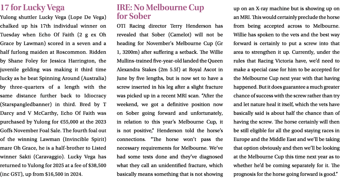 17 for Lucky Vega Yulong shuttler Lucky Vega (Lope De Vega) chalked up his 17th individual winner on Tuesday when Ech...