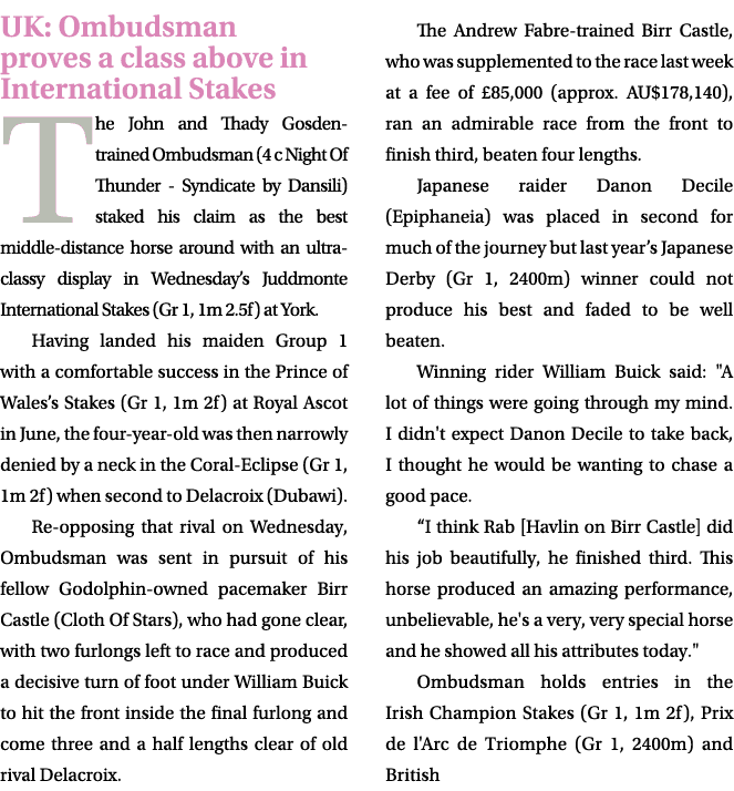 UK: Ombudsman proves a class above in International Stakes The John and Thady Gosden trained Ombudsman (4 c Night Of ...