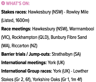 ￼ What's on: Stakes races: Hawkesbury (NSW) Rowley Mile (Listed, 1600m) Race meetings: Hawkesbury (NSW), Warrnambool ...