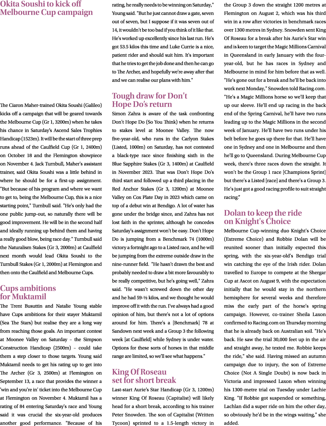 Okita Soushi to kick off Melbourne Cup campaign The Ciaron Maher trained Okita Soushi (Galileo) kicks off a campaign ...