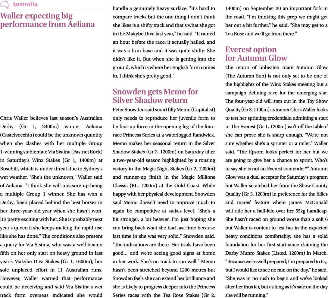 ￼ Waller expecting big performance from Aeliana Chris Waller believes last season’s Australian Derby (Gr 1, 2400m) wi...