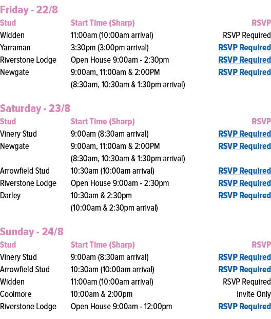 Friday 22/8 Stud Start Time (Sharp) RSVP Widden 11:00am (10:00am arrival) RSVP Required Yarraman 3:30pm (3:00pm arriv...