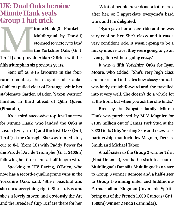 UK: Dual Oaks heroine Minnie Hauk seals Group 1 hat trick Minnie Hauk (3 f Frankel Multilingual by Dansili) stormed t...