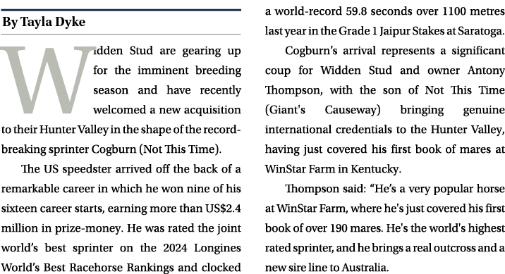 ￼ Widden Stud are gearing up for the imminent breeding season and have recently welcomed a new acquisition to their H...