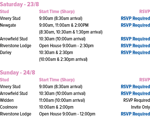 Saturday 23/8 Stud Start Time (Sharp) RSVP Vinery Stud 9:00am (8:30am arrival) RSVP Required Newgate 9:00am, 11:00am ...