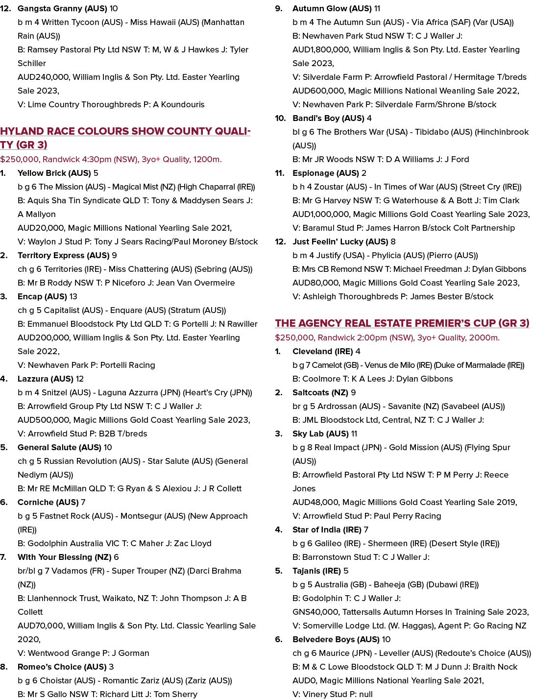 12. Gangsta Granny (AUS) 10 b m 4 Written Tycoon (AUS) Miss Hawaii (AUS) (Manhattan Rain (AUS)) B: Ramsey Pastoral Pt...