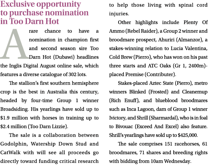 Exclusive opportunity to purchase nomination in Too Darn Hot A rare chance to have a nomination in champion first and...