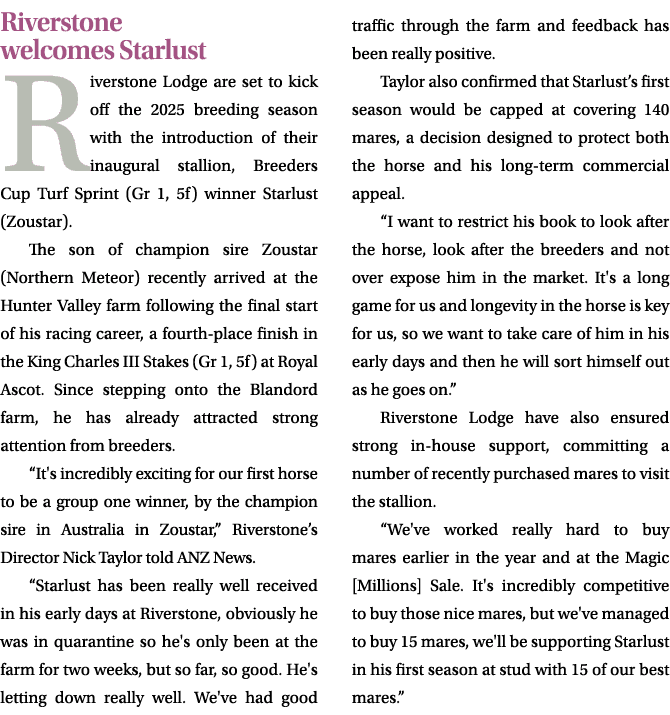 Riverstone welcomes Starlust Riverstone Lodge are set to kick off the 2025 breeding season with the introduction of t...