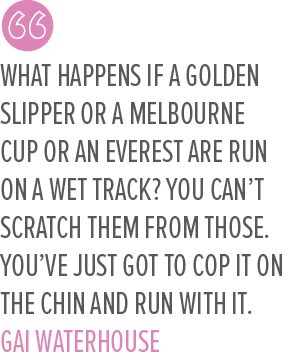 What happens if a Golden Slipper or a Melbourne Cup or an Everest are run on a wet track? You can’t scratch them from...