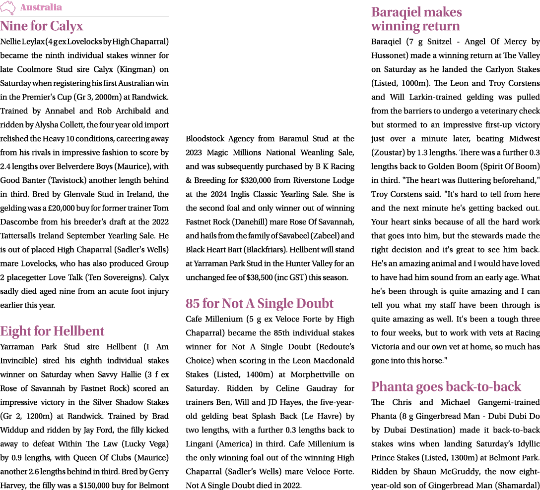 ￼ Nine for Calyx Nellie Leylax (4 g ex Lovelocks by High Chaparral) became the ninth individual stakes winner for lat...