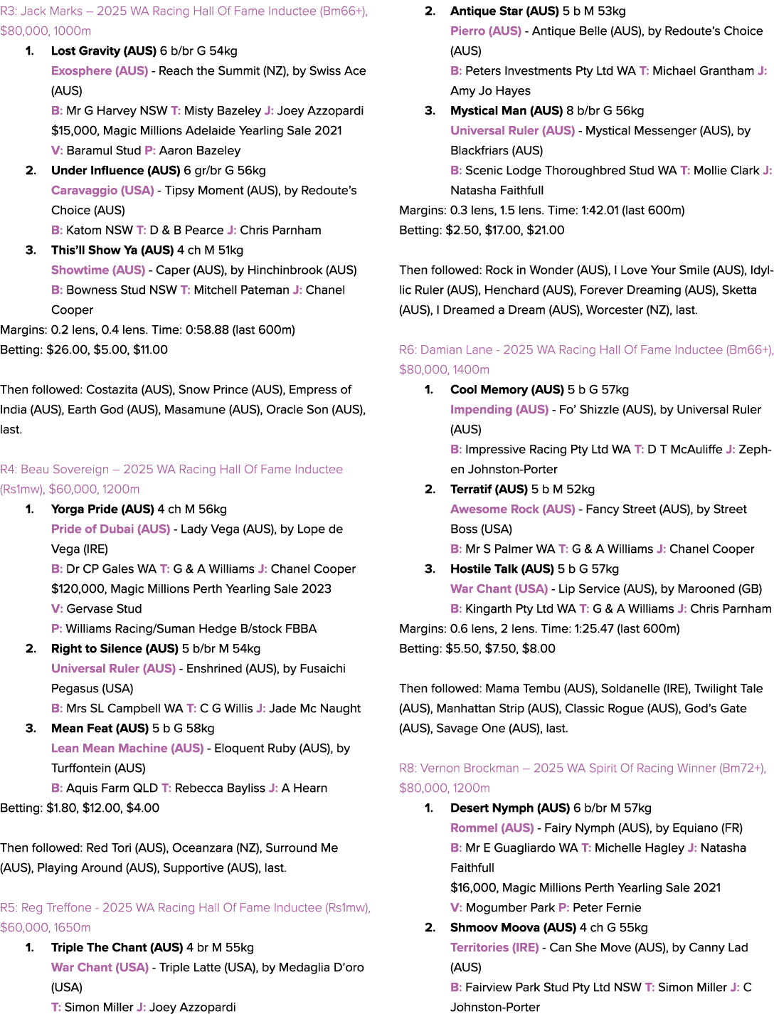 R3: Jack Marks – 2025 WA Racing Hall Of Fame Inductee (Bm66+), $80,000, 1000m 1. Lost Gravity (AUS) 6 b/br G 54kg Exo...