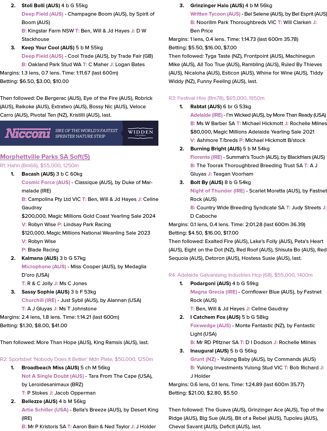 2. Stoli Bolli (AUS) 4 b G 55kg Deep Field (AUS) Champagne Boom (AUS), by Spirit of Boom (AUS) B: Kingstar Farm NSW T...