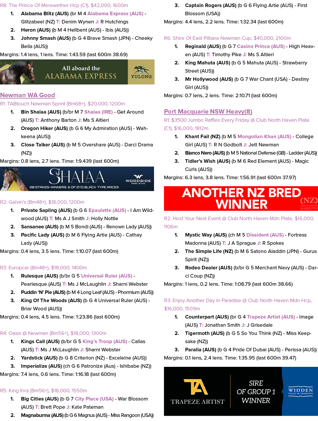 R8: The Prince Of Merewether Hcp (C1), $42,000, 1600m 1. Alabama Blitz (AUS) (br M 4 Alabama Express (AUS) Glitzabeel...