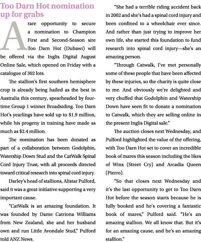 Too Darn Hot nomination up for grabs A rare opportunity to secure a nomination to Champion First and Second Season si...