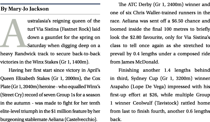 ￼ Australasia’s reigning queen of the turf Via Sistina (Fastnet Rock) laid down a gauntlet for the spring on Saturday...