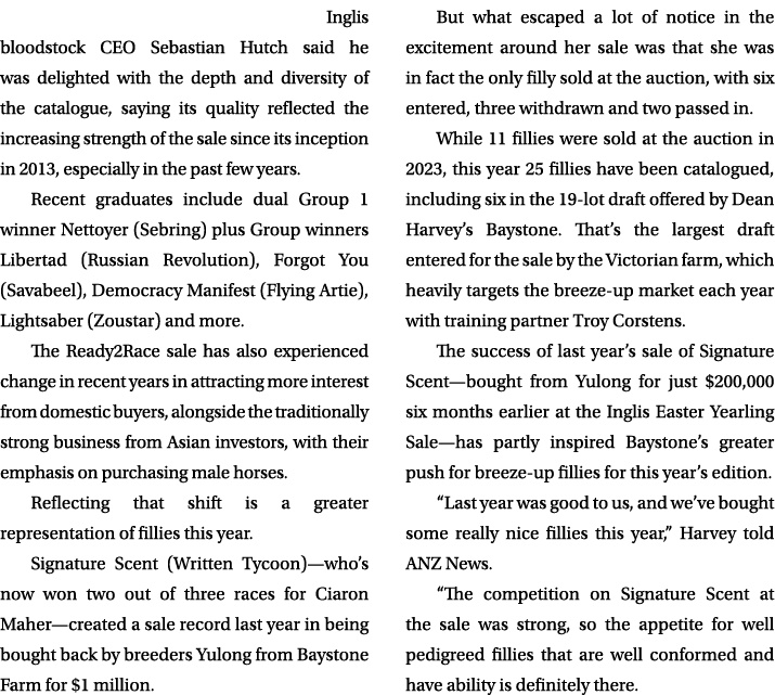  Inglis bloodstock CEO Sebastian Hutch said he was delighted with the depth and diversity of the catalogue, saying it...