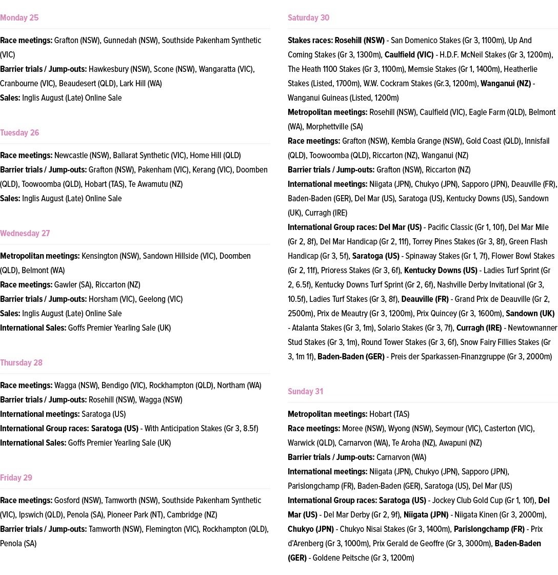 ￼ Race meetings: Grafton (NSW), Gunnedah (NSW), Southside Pakenham Synthetic (VIC) Barrier trials / Jump outs: Hawkes...