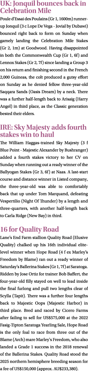 UK: Jonquil bounces back in Celebration Mile Poule d'Essai des Poulains (Gr 1, 1600m) runner up Jonquil (3 c Lope De ...