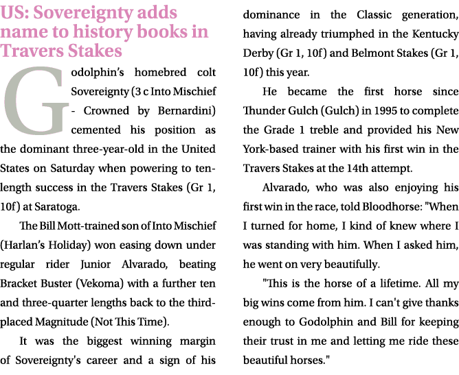 US: Sovereignty adds name to history books in Travers Stakes Godolphin’s homebred colt Sovereignty (3 c Into Mischief...