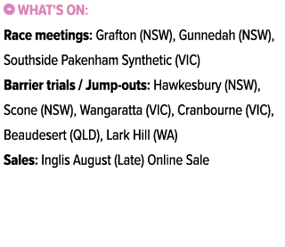 ￼ What's on: Race meetings: Grafton (NSW), Gunnedah (NSW), Southside Pakenham Synthetic (VIC) Barrier trials / Jump o...