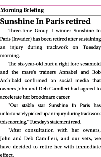  ￼ Sunshine In Paris retired Three time Group 1 winner Sunshine In Paris (Invader) has been retired after sustaining ...