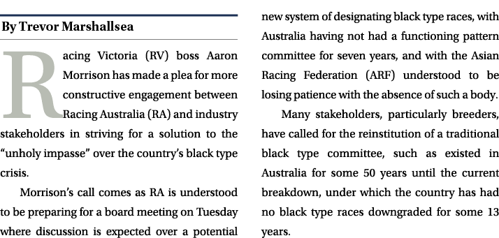 ￼ Racing Victoria (RV) boss Aaron Morrison has made a plea for more constructive engagement between Racing Australia ...