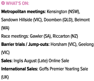 ￼ What's on: Metropolitan meetings: Kensington (NSW), Sandown Hillside (VIC), Doomben (QLD), Belmont (WA) Race meetin...