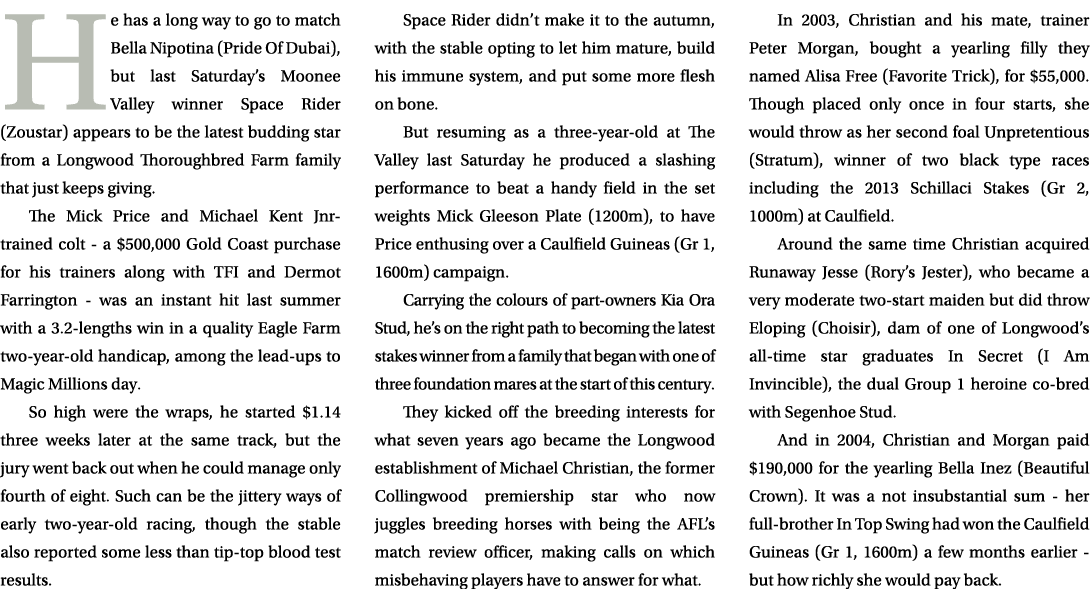 He has a long way to go to match Bella Nipotina (Pride Of Dubai), but last Saturday’s Moonee Valley winner Space Ride...