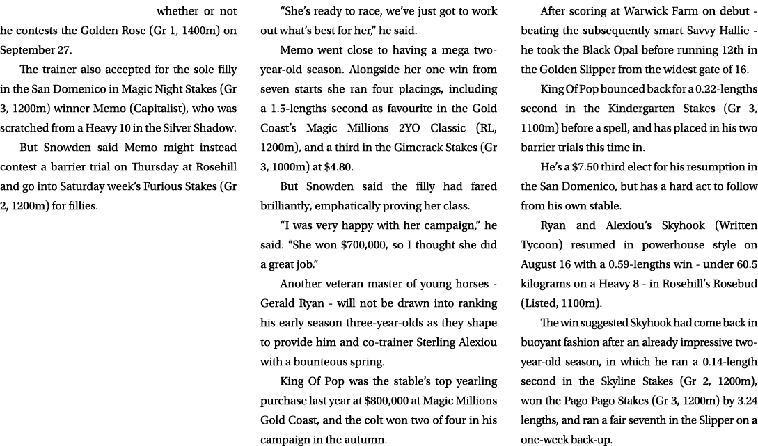 whether or not he contests the Golden Rose (Gr 1, 1400m) on September 27. The trainer also accepted for the sole fill...