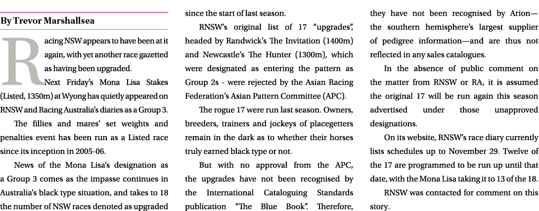 ￼ Racing NSW appears to have been at it again, with yet another race gazetted as having been upgraded. Next Friday’s ...