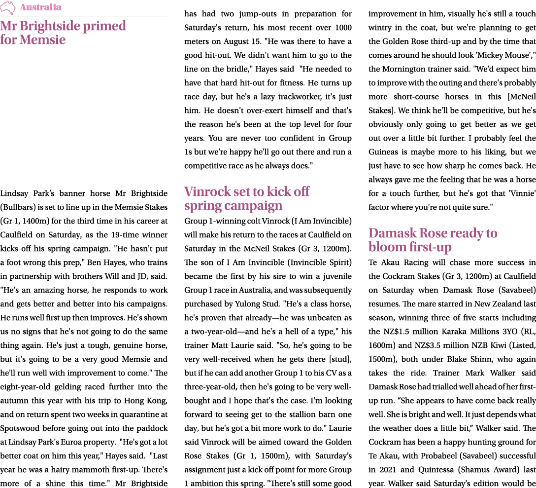 ￼ Mr Brightside primed for Memsie Lindsay Park’s banner horse Mr Brightside (Bullbars) is set to line up in the Memsi...