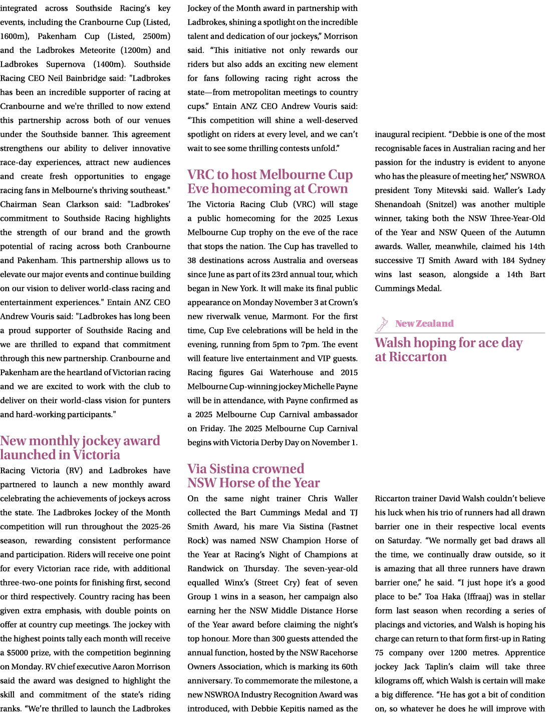 integrated across Southside Racing's key events, including the Cranbourne Cup (Listed, 1600m), Pakenham Cup (Listed, ...