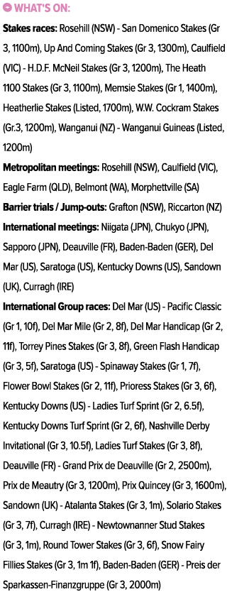 ￼ What's on: Stakes races: Rosehill (NSW) San Domenico Stakes (Gr 3, 1100m), Up And Coming Stakes (Gr 3, 1300m), Caul...