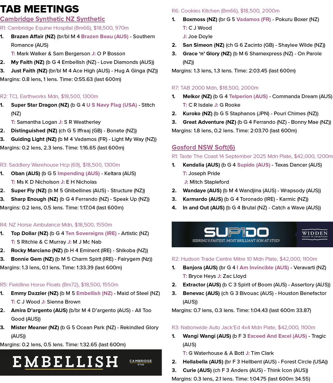 Tab Meetings Cambridge Synthetic NZ Synthetic R1: Cambridge Equine Hospital (Bm66), $18,500, 970m 1. Brazen Affair (N...